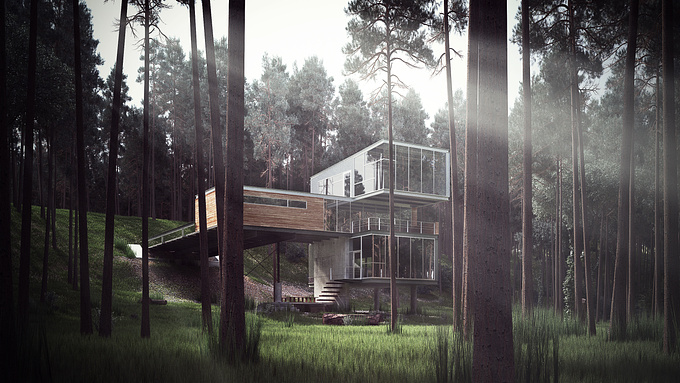 Wonder Vision - http://www.wonder-vision.com
A 3D visualisation of a modern forest cabin set amongst the tall forest trees. All elements of the architectural visualisation are entirely computer generated.