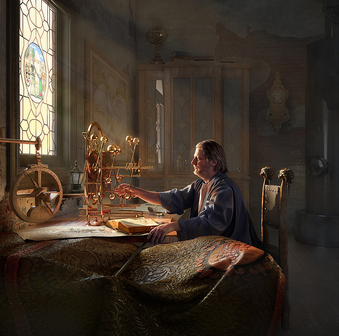 http://kylekuhlman.cgsociety.org
18th century watchmaker's studio, showing a marine chronometer, astrolabe, and other period artifacts.  Baroque style lighting and composition inspired by artists such as Vermeer and Rembrandt. Constructed with 3DMax, Vray, and Photoshop. C&C welcome.