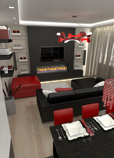 Living room with a kitchen. Black, white, red.