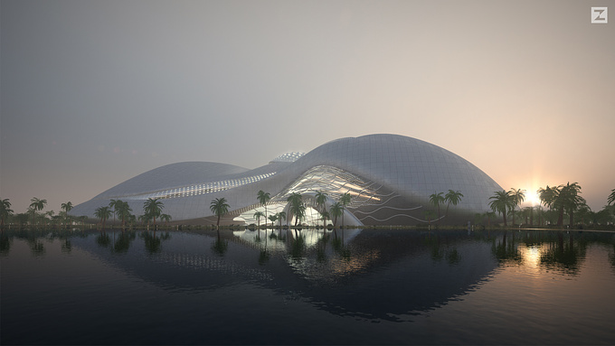 VIZ - io 3d - https://www.facebook.com/Viz-io-3d-1572500946306683/?fref=ts
Building modeled in rhinoceros and grasshopper, rendered in 3dsmax, vray render engine, itoo railclone, itoo forest pack, multiscatter, Phoenix FD, axyz anima software, postproduction in photoshop, after effects and magic bullet.