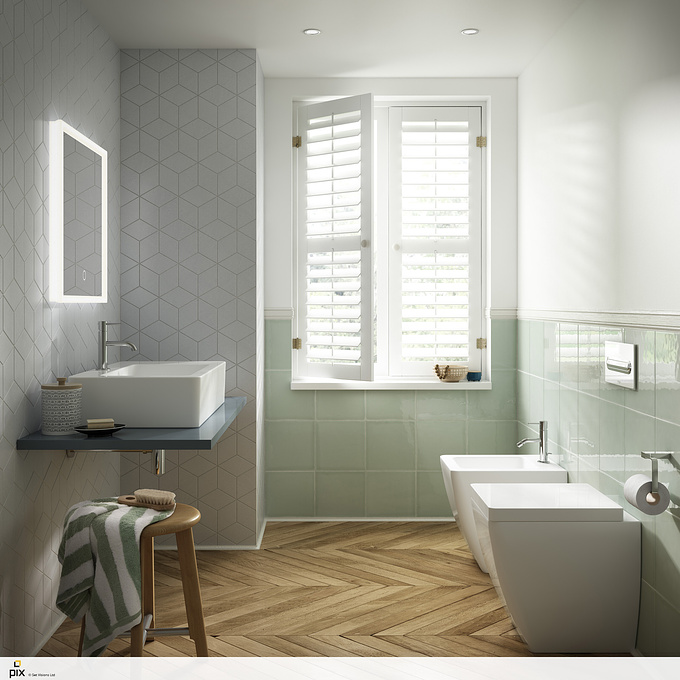 http://www.setvisionspix.co.uk/
Mixing modern bathroom pottery with contemporary interior design. Soft colour palette has a Pantone feel, parquet oak flooring with white geometric wall tiles. Counter-top sink with illuminated bathroom mirror. Photorealistic CGI created in-house by our creative CG team.