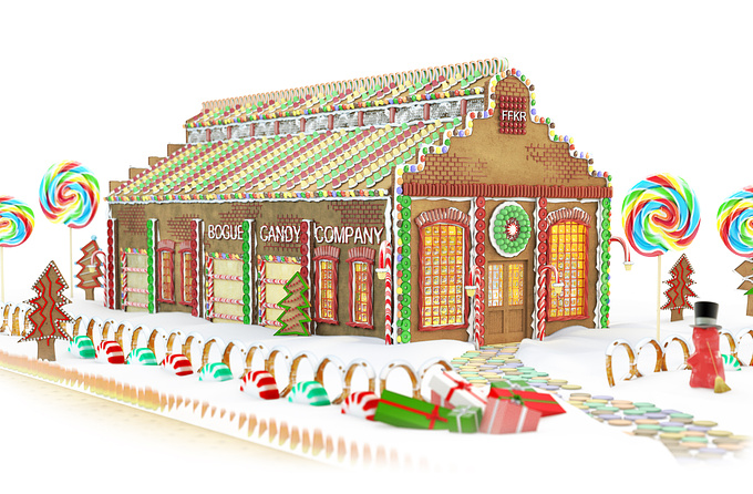 At the last minute the 3d team decided to enter the holiday card competition for the office.  We took a day and came up with this.  It is an interpretation of our office building as a gingerbread house.  We didn't win, but we had a ton of fun making 3d candy.