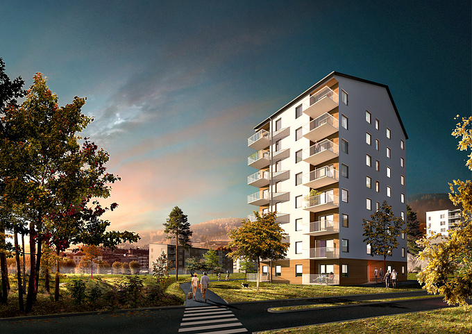 White arkitekter
SABO/Lindbäck concept for a new affordable residential complex. Together with White arkitekter, Sweden. 
 
2012.11.01 
 
Conceptual competition win 
 
Workflow: 
2D CAD - 3DMax 2013 - Vray - Photoshop 
 
Excellent collaboration with the architect which gave me a lot of trust and free space to come up with a mood that could make for a selling image. In this case the building itself didn´t stand out as much as we hoped and I decided to take the wide angel and play with it and also to paint the surrounding a little more dramatic. I think it turned out good for a fast 3 day image and it also helped us win the competition.