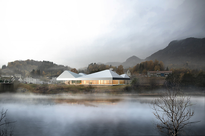 White arkitekter
Kvinesdal, Norway 
 
2012.12.18 
 
Competition for public pool complex 
 
Workflow:  
2D CAD - 3DMax - Vray - Photoshop 
 
Another typical unsaturated Norwegian mood image.  
Building imitates surrounding mountains. Client delivered bright and sunny image of the site and asked for a colder atmosphere with emphasize on the warmer inside. I added some simple fog and grey skies.