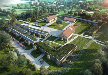 Cultural center in European land Mazury from air