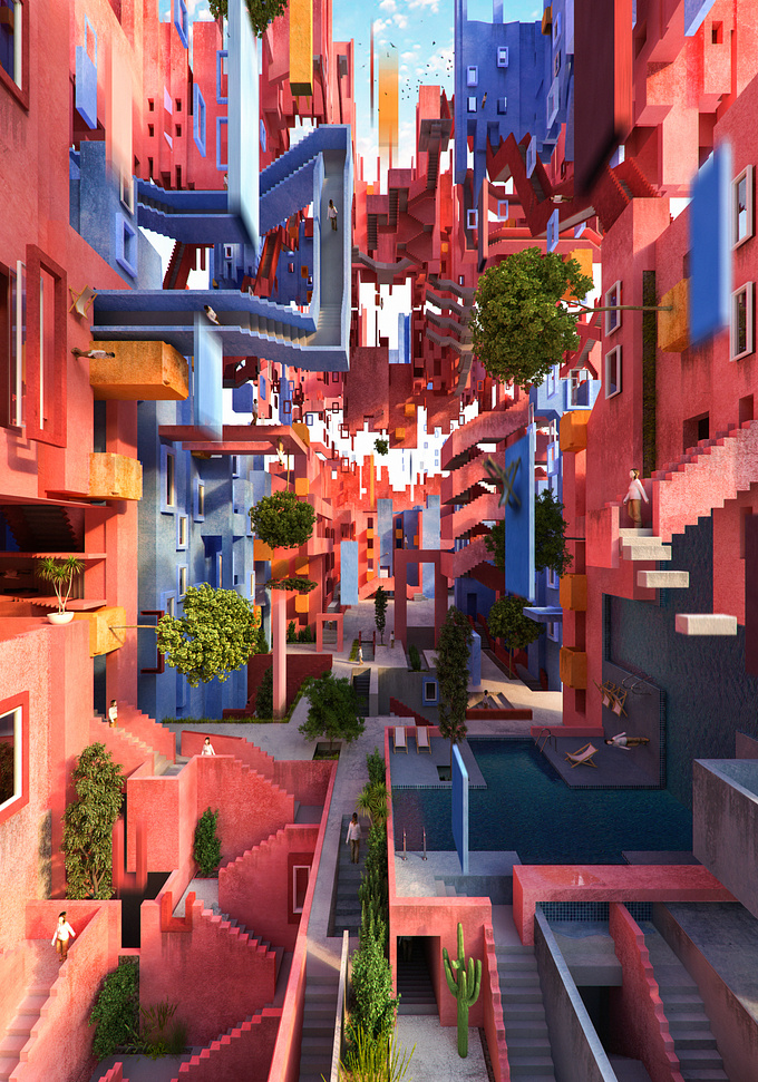 GAYARRE infografia - http://www.gayarre.eu/en/
Muralla roja at Calpe
Housing project of Ricardo Bofill, considered the most "instagramable" place of Spain
We interpret the project as an "Escher style" based on his crazy volumes and sculptural physiognomy.
You can see images of the real project here : http://bit.ly/2s9J29g