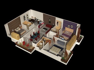 An unit plan of a 3 bhk apartment.