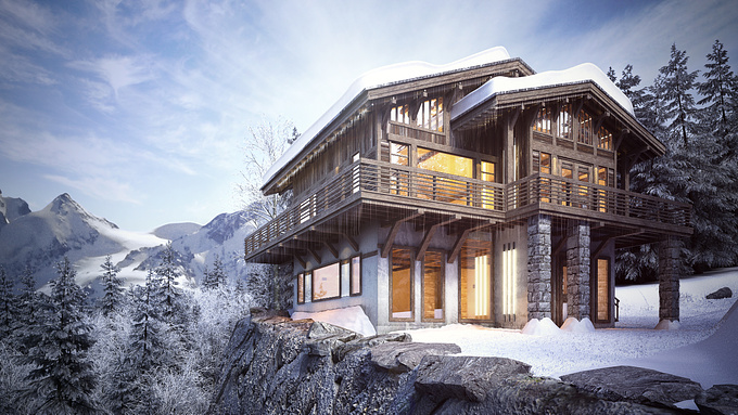 Wonder Vision - http://www.wonder-vision.com
Luxury chalet set on the top of a cliff, surrounded by snow and snow capped trees. Photo backplates used for the far distant terrain.
