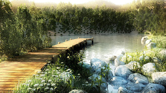 I am downloaded the model of pier in which wooden path, water, and terrain from Itoosoft S.L.its free..then i have use grass, trees, and stone model provided in this scene which i have composited  manualy and some where i have used Multiscatter. So many many thankx to itoosoft. This is my free time job for some practice of terrain projects i hope u all are like and critics are always welcome.