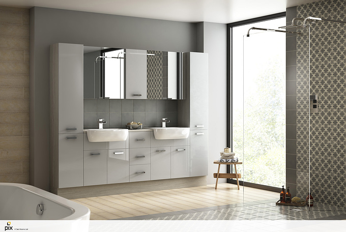 Set Visions - http://www.setvisionspix.co.uk/
The large open plan bathroom is set in a contemporary home. The large back of fitted grey gloss furniture has been paired with Light Ash end panels and laminate worktop. The grey colour scheme is continued with grey textured slash back and geometric grey tiles in the walk in shower area. Bathroom CGI created by Set Visions
http://www.setvisionspix.co.uk/