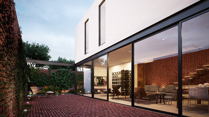 Reims Arquitectura
Simple volume Loft using red brick for exterior paving that folds into the wall.