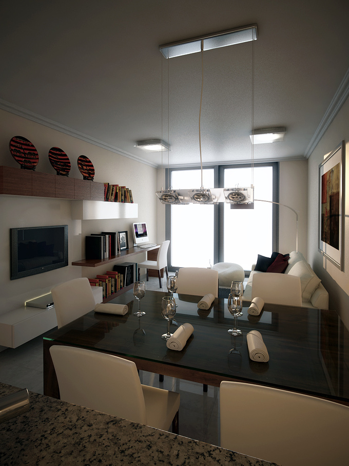 Modeled in 3ds max and skp for some bits, used Vray for renderengine and PS for postprocessing. Any CC are welcome. 

This appartment already exists and we had to model, furniture and moldings from pictures taken.