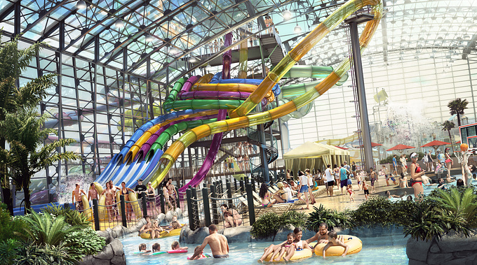 HKS Architects
This image illustrates design intent for an indoor waterpark.  The crazy slide at image center is called the Boomerang, as is scheduled for final build.  I need to give a shout out to Terry Millspaw, who modeled all those slides.  3DS max and photoshop were used in production.