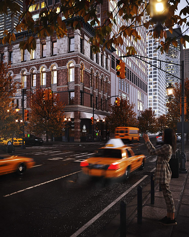 3D Rendering of a Busy City on a Fall Day