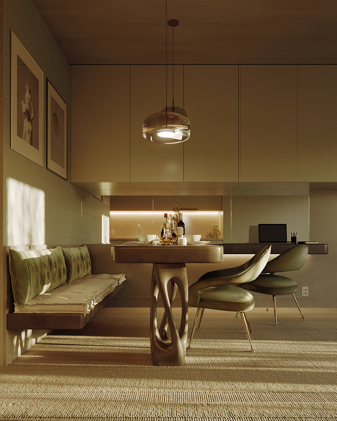 CGI Loft ambience - The golden hour washes the volumes with golden pigmentation that results in a luminous and charming monochrome. The light touch of green contrasts very well with the golds. My version of the course scene Oficina3DAcademy.