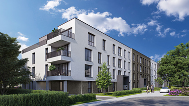 External visualizations of the BRIX apartment building in Frankfurt-Höchst