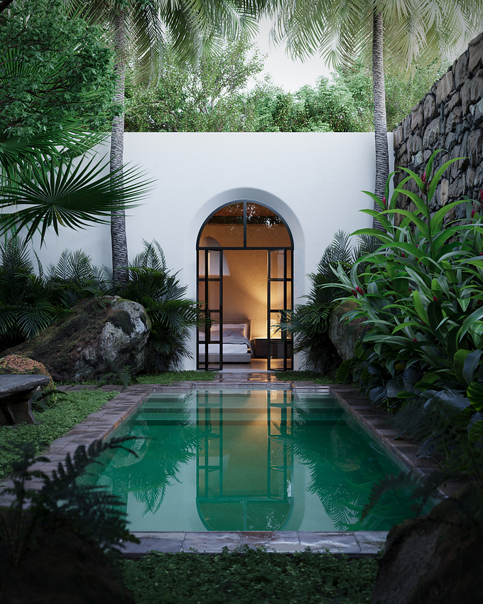 The concept of the scene talks about contrast. The cold, icy, wet pool and vegetation meets the warm and cozy room. The design was inspired by Mexican architecture and tropical plants were used for the landscaping.