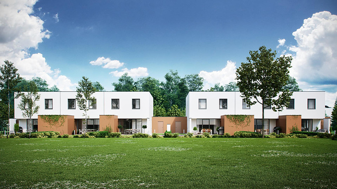 Viscato - http://www.viscato.com/
View the full project here: https://www.viscato.com/portfolio-posts/semi-detached-dwellings-in-austria/

These 3D visualizations present exteriors of 2 semi-detached dwellings that are located in Steyr in Austria, which were dedicated for the suburbs.

This project includes two semi-detached buildings with 6 separate dwellings. Each of the residents has access to his own garden and unroofed space located outside. Two external apartments also have access to their own swimming pool in the garden. There are some roofed parking spaces located at the back of each building. It represents toned and cozy design, which is mostly dedicated for families with children, that have more space outside to spend time in open air.

The main feature of outdoor space for each apartment is that despite its semi-detached character there is still some private space where a family can spend time enjoying their company only. Still, location in peaceful outskirts with a lot of green places with trees, bushes and other plants is perfect for detaching from everyday problems.

Square building structure makes its interior designing easier and economic due to its simplicity that will surely result in rapid acclimatization. Such a cubage also gives residents optimal lighting conditions which are extremely important for a semi-detached building. This kind of construction comes back to favor and designates new quality for modern architecture.