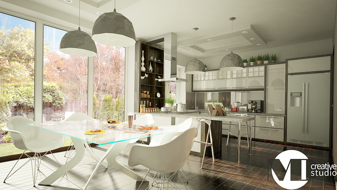 MD Creative Studio - http://portfolio.emdiconsult.com/
White Kitchen and Dining room with separated working zones.