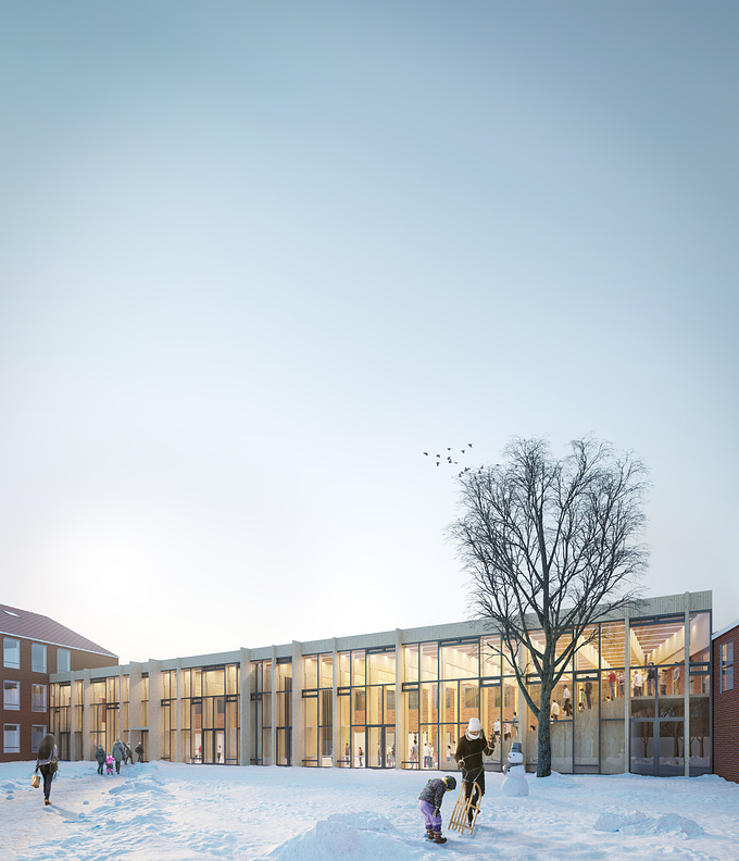 Our next visualization was done for the Lundtofte school reconstruction project in Lyngby.
In this school, creative subjects are used to form and maintain a strong community, and the newly built cultural center emphasizes the profile of the school as a cultural center at the local level. 
The decoration of the premises and the facade of natural wood, in combination with glass facades, harmoniously fit into the existing infrastructure. The glazing of the facade gives a lot of light and air to the interior, which is essential for creativity.