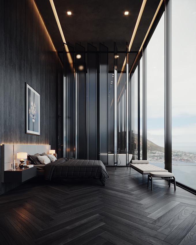 My objective in this angle is to show the scene as a whole, giving the dimension of the environment and showing its potential. The entire project was based on a dark color palette, having a black wooden floor, which stands out right away.