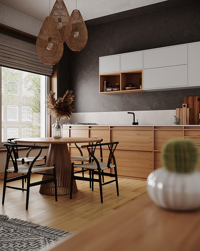 This 3D scene is a specialization practice in 3ds Max and Corona Render for an apartment interior. I chose to design the interior in the "JAPANDI" style, combining Japanese minimalism with Scandinavian simplicity. The lighting of the spaces is "OVERCAST", giving the scene a soft and quiet atmosphere.