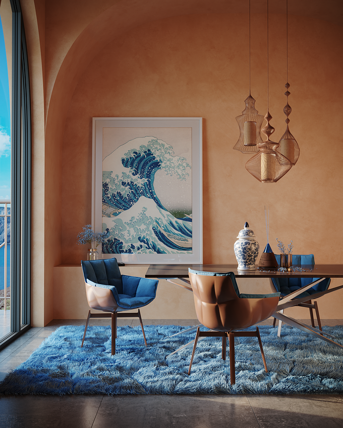 To counter the point of the previous image, Ocean comes up with the idea of a palette using blue and orange tone, its color being the opposite of the chromatic circle. Here is a room in a coastal house with a view of the immensity of the sea.
