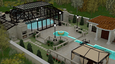 Antic style backyard with a pool