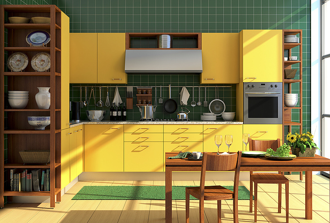 Redstone Graphics - 
 Redstone Graphics
 
 
 3ds Max 2010 + Vray (LWF)

 

My first attempt at a project using linear workflow from start to finish. I decided to go for an Italian-style kitchen. (Modern but not sterile, warm and bright, and lots of deep colors.) Let me know what you think. Thanks!