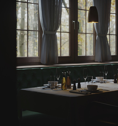 Interior of an old Swiss restaurant. CGI
