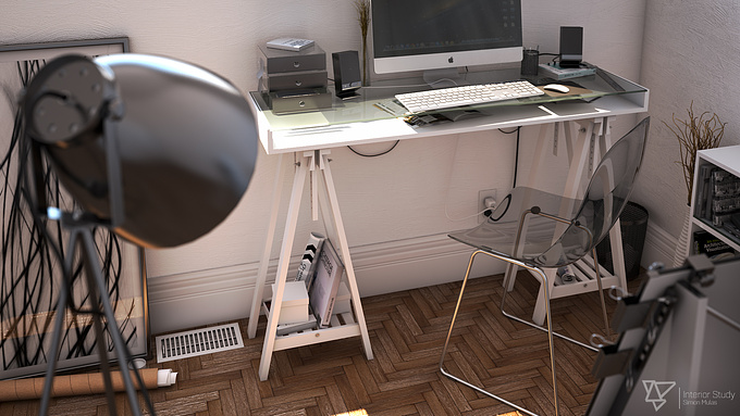 http://www.simonmulas.ca
Modelled in 3DS Max, Rendered in V-Ray, Post in Photoshop.

The only model assets downloaded are the keyboard/mouse and vase, everything else I modelled.

Video render will be coming shortly.
