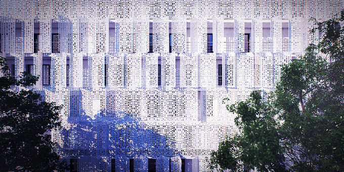 Shot of facade made from perforated steel
12 storey building situated near the small river in main city of Slovakia. Designed with a lot of terraces and with special facade consist of many pieces made from perforated steel.