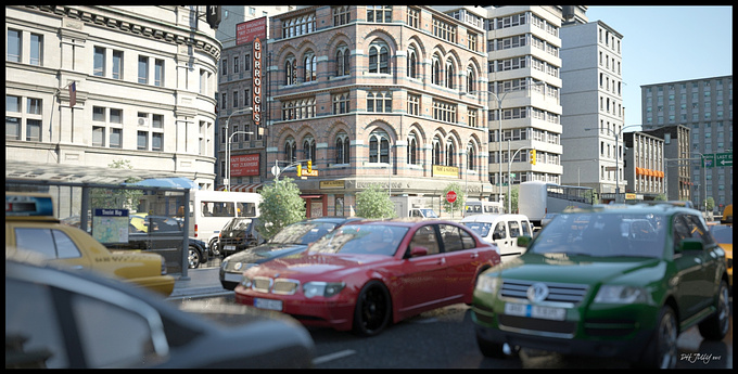 Daz 3D model with additional cars,trees,people added
Rendered in Thea Render