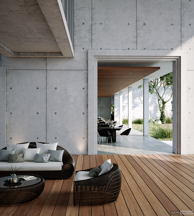 simple exterior scene showcasing concrete and wood materials