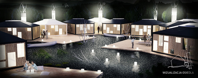 Temporary floating houses for flood victims. 3ds max -&gt; photoshop.