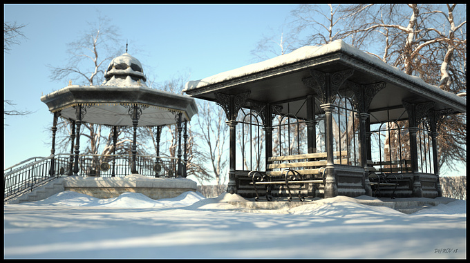 An old Victorian park in winter,Daz 3d models,itree winter trees,rendered in Thea render