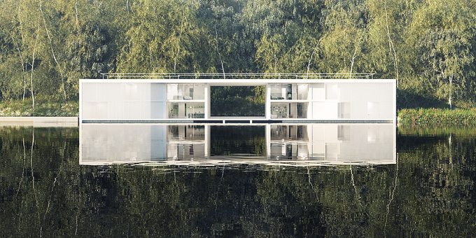 Visualizations of a residential project by "Scandurra Studio Architettura" at Paratico near Iseo Lake (Italy).
I decided to emphasize the architecturally symmetrical concept of the house using the reflective water plane.