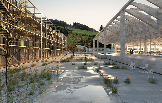 One of our most recent projects with our friends of Park Architekten, Raumbureau & Raymond Vogel Landschaften AG was this competition for a residential and commercial development in Einsiedeln (Switzerland).
We love this sunny atmosphere after the rain. 

www.render4tomorrow.com