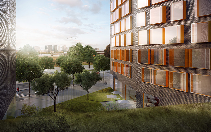 Rendering for a housing project in Northern Paris. Suspended garden open on the urban landscape.