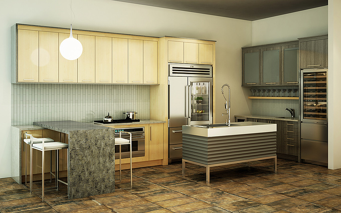 Redstone Graphics - 
 Redstone Graphics
 
 
 3ds Max 2010 + Vray

 

All design and material choices in this kitchen were made by the client. Let me know what you think! (If you're trying to figure out what the floor is, it's 12"X24" porcelain tile with a "reflective copper finish" that really isn't reflective at all.)