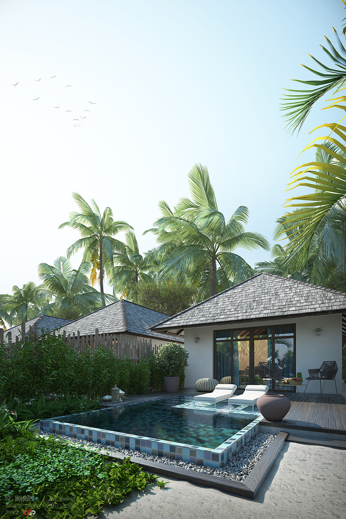 DAR - https://www.behance.net/AnjoJoseph
Hello everyone, 

Here are my new renders for an Island Resort in World Islands-Dubai. The resort is designed by Design and Architectural Bureau ( DAR Consult) in Dubai. 
Our aim is to create photorealistic renders for the Tropical Beach Villa with its swimming pool.We had taken several reference for the environment and created some customized models for some props. Multi painter was used for vegetation.
Hope you like it.