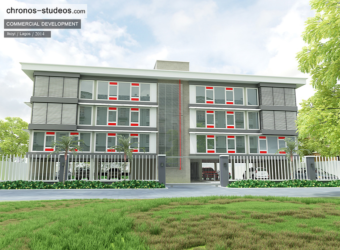 Chronos Studeos - http://www.chronos-studeos.com
A 3D visualization Chronos Studeos Architects including myself produced for a client in Lagos, Nigeria, of the ICD Building.

Our team’s overall aim was to take an old building and modernise it for 21st century occupants by implementing a simple style of architecture incorporating clean lines.

During the design stage we incorporated two protruding sections on the top right and top left of the front exterior so as to help form a natural shade inside the building - behind the middle sections of glazing - for those times of day when the sun is at an unwelcome angle to the building.