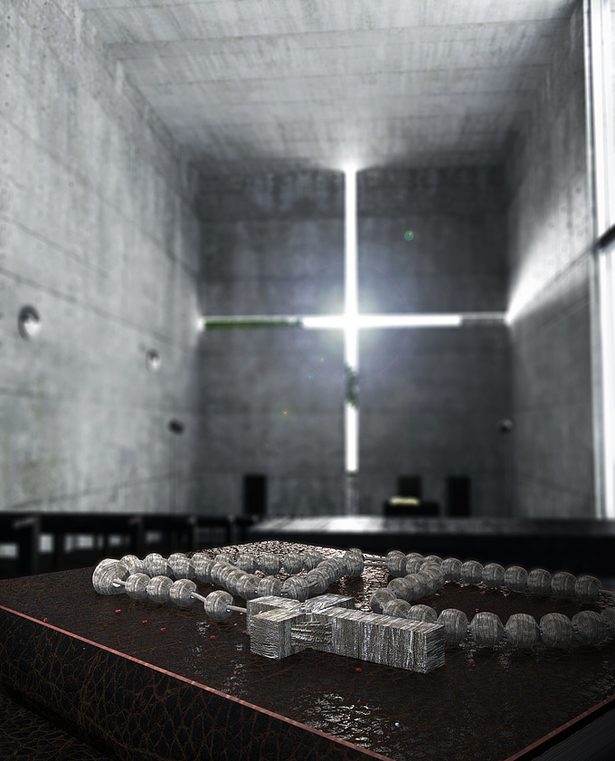 http://www.grovesarchitecture.moonfruit.com
Experimentation with depth of field with the focus on the rosary beads with the beautifully minimal architecture of Andos church of light as an ambient backdrop. 

Feedback appreciated as I have only been using 3ds max and vray for a month and a half and would like to improve!
