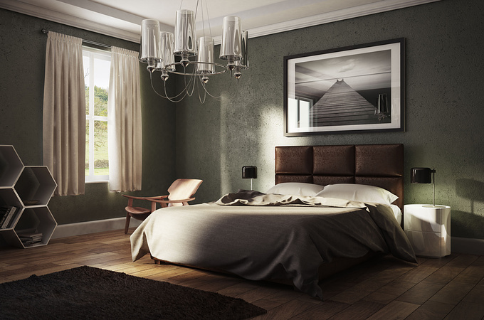 3ds max, Vray, marvelous designer, photoshop, an attempt to hone my skills as a 3d artist aswell as experiment with some interior design. Morning shot bedroom in the country with strong directional sunglight falling onto the bed.