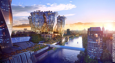Visualization futuristic complex in Moscow City