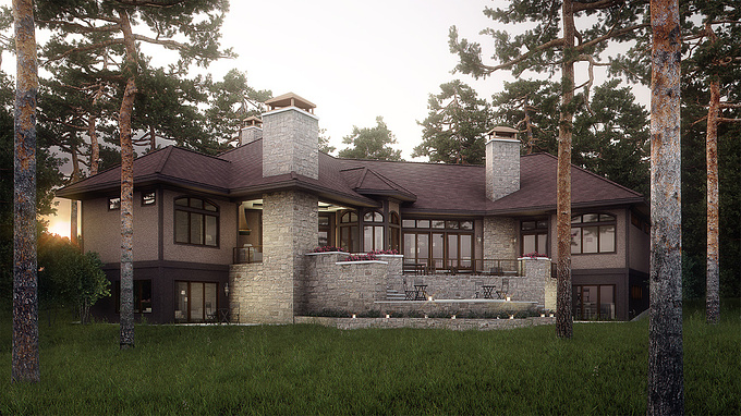 http://www.bobby.parker.com
Here, is a house I am working on, ad thought I would share. It a custom home, in the woods, and this is the back of the house. It was modeled in Revit, textured in 3DSMAX, rendered in V-Ray, and post in Photoshop.