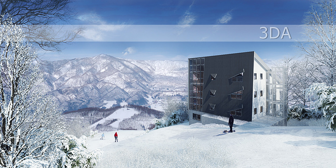 3DA - http://www.3da.net.au
3d render for One Nozawa, showing actual view of the mountains beyond.
Design by Reg Lark Architect