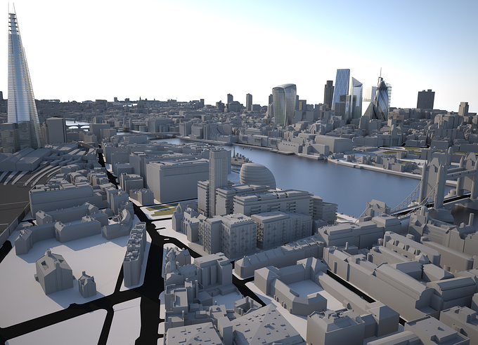 Vertex Modelling - http://www.vertexmodelling.co.uk
3D model of London in LOD3* + London Landmarks models in LOD4**. This view is from Tower Bridge Road towards the City of London including the new development at One Tower Bridge (currently under construction).

Levels of detail of 3D models used in this render:

* LOD3: Buildings captured with all major roof detail and other roof structures. All man made structures visible in aerial imagery captured. Terrain model includes roads, pavements and land use separation; Including green spaces, tracks and paths and man made surfaces.
Level three models accurate to within 15cms.

** LOD4: Custom models with high level detail & accuracy.
Level four models are derived from LOD3 models and include facade
detail.
Level four models accurate to within 15cms.