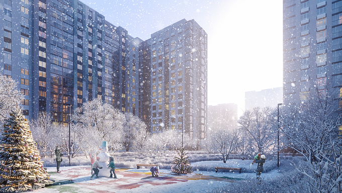 https://www.behance.net/oxvisuald80b
Winter architectural visualization by OX Visual Studio

 ISK Obriy
 ISK Obriy
 2018
 OX Visual Studio
 Residential complex
 17 towers each of 16 floors
 113 000 sq.m.
 Ukraine, Kiev, 43 st. Tiraspol





Flower Town Residential Complex is located in the city of Kyiv, Ukraine. The total building area is 113 sq.m. There are 16 multi-story buildings, 10 playgrounds, 4 sports grounds for football and tennis, 5 playgrounds with workout equipment, parking for 1000 cars, a shopping center and an own kindergarten. At the moment, the developer is completing the construction of the last section of the residential complex.