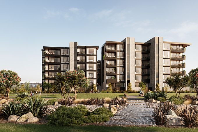 The Tephra is a large apartment development by Templeton Group in Stonefields, Auckland.

We have created a marketing render set that celebrates its location next to a small lake on the edge of the quarry.